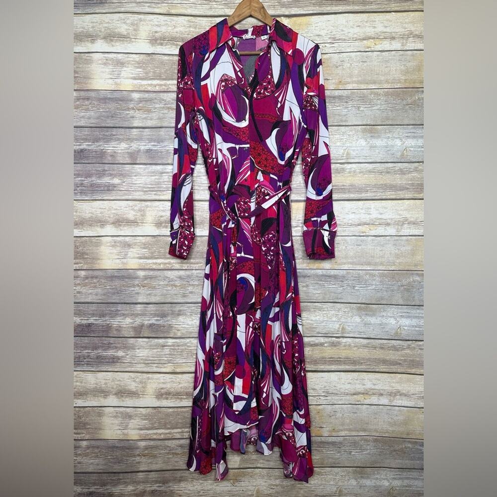 Robert Graham 2 Gianna Long-Sleeve Maxi Shirtdress fuchsia swirly button up - Picture 5 of 14